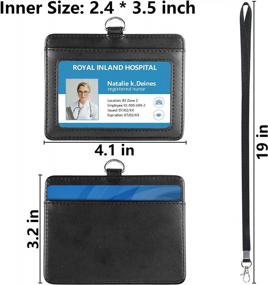 img 1 attached to PU Leather Horizontal ID Badge Holder With Clear Window & Credit Card Slot + Detachable Neck Lanyard - Black