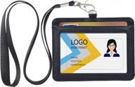 pu кожаный горизонтальный держатель идентификационного знака с прозрачным окошком и слотом для кредитной карты + съемный шейный ремешок - черный логотип