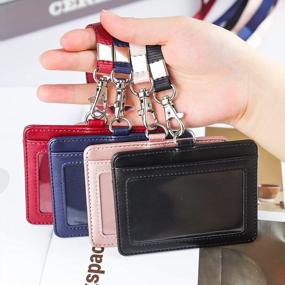 img 3 attached to PU Leather Horizontal ID Badge Holder With Clear Window & Credit Card Slot + Detachable Neck Lanyard - Black