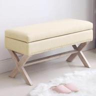 beige fabric storage bench with x-shaped wooden legs - 36" upholstered entryway seat for living room, hallway and end of bed logo