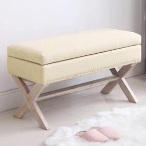 img 4 attached to Beige Fabric Storage Bench With X-Shaped Wooden Legs - 36" Upholstered Entryway Seat For Living Room, Hallway And End Of Bed
