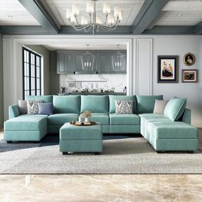 img 1 attached to Просторный модульный диван цвета морской волны: большой U-образный секционный диван HONBAY с двусторонним широким шезлонгом, пуфами и местом для хранения для гостиной или офиса