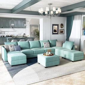 img 2 attached to Просторный модульный диван цвета морской волны: большой U-образный секционный диван HONBAY с двусторонним широким шезлонгом, пуфами и местом для хранения для гостиной или офиса