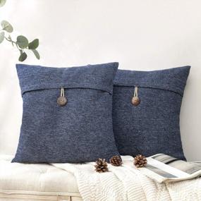 img 4 attached to Phantoscope Pack Of 2 Farmhouse Throw Pillow Covers Button Vintage Linen Decorative Pillow Cases For Couch Bed And Chair Navy Blue 18 X 18 Inches 45 X 45 Cm