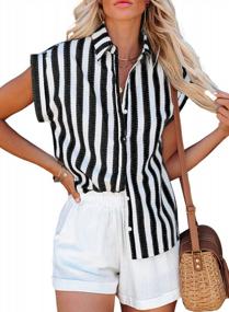 img 4 attached to Women'S Chiffon Striped Blouse Tops - V Neck, Short Cap Sleeve, Button Down Shirt