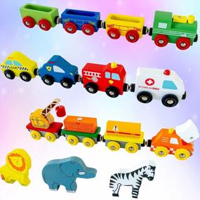 img 4 attached to Wooden Train Set 12 PCS Magnetic Engines 3 Bonus Animals Deluxe Toys Kids Toddler Boys Girls Compatible Thomas Railway Brio Tracks Major Brands