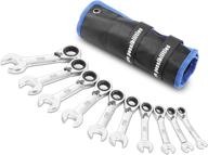 10-piece prostormer stubby ratcheting wrench set, reversible with 72-teeth box end and open end combination. sae sizes 5/16" to 3/4". includes rolling pouch and made with cr-v material. logo