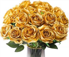 img 4 attached to 🌹 10 Pcs Real Touch Artificial Gold Silk Roses Bridal Wedding Bouquet for Home Garden Party Floral Decor - Veryhome Blooming Rose in Gold