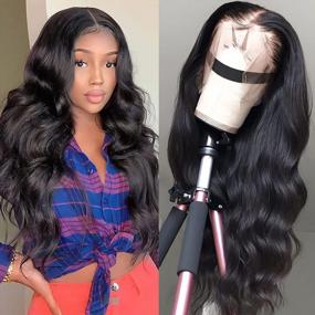 img 4 attached to Body Wave Lace Front Human Hair Wig - Brazilian Virgin Hair 13X4 HD Transparent Lace Front Wig For Black Women With Pre-Plucked Hairline And Baby Hair, 150% Density, 24 Inches By ALLRUN