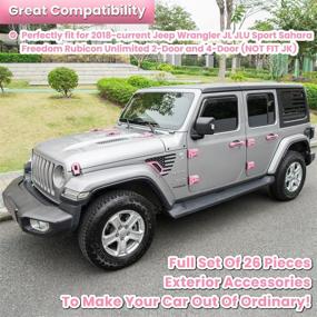 img 3 attached to 🎀 Complete Pink Exterior Trim Kit for Jeep Wrangler JL JLU 2018-2022 - 26 Pieces: Door Hinge, Handle, Engine Hood Hinge, Hood Latch, Wheel Eyebrow, Side Air Outlet, Rear Tailgate Window Hinge Cover