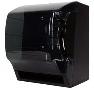 wall mounted paper towel dispenser with push down lever roll - translucent black, made of high impact plastic - janico 2008 logo