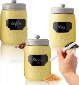 img 4 attached to Mason Jar Ceramic Canister Set For Kitchen - Set Of 3 Decorative Storage Containers With Air-Tight Lids For Coffee, Sugar & More - Country Style Storage W/Reusable Writable Surface - 12.85Oz/Canister