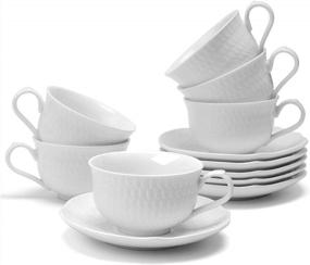 img 4 attached to Amhomel Tea Cups And Saucers Set Of 6, Porcelain Espresso Cups, 4 Oz Cappuccino Cups With Saucers For Specialty Coffee Drinks, Cafe Mocha, Espresso And Tea - Embossed Design, White