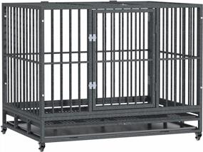 img 4 attached to PawHut 42" Heavy Duty Metal Dog Kennel With Lockable Wheels, Double Doors, And Removable Tray - Grey