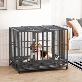 img 3 attached to PawHut 42" Heavy Duty Metal Dog Kennel With Lockable Wheels, Double Doors, And Removable Tray - Grey