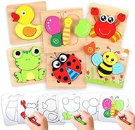vibrant animal pattern wooden peg puzzles set - educational brain building playset for boys and girls toddlers, includes 6 puzzles with drawstring storage bag logo