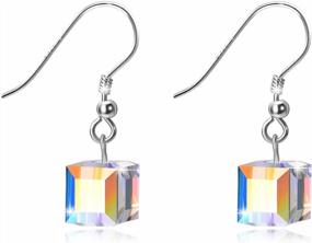 img 4 attached to AOBOCO Sterling Silver Cube Crystal Earrings - Aurora Borealis Iridescent Crystals From Austria, Dangle Drop Jewelry Gifts For Women'S Anniversary/Birthday