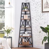 rustic brown 5-tier corner bookshelf: industrial style with vintage wood look, metal frame etagere bookcase for home office display organization, freestanding tall ladder shelf accent logo
