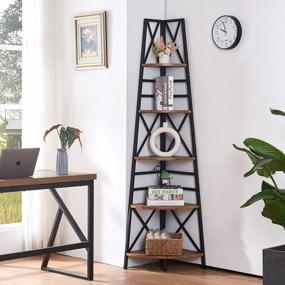 img 2 attached to Rustic Brown 5-Tier Corner Bookshelf: Industrial Style With Vintage Wood Look, Metal Frame Etagere Bookcase For Home Office Display Organization, Freestanding Tall Ladder Shelf Accent