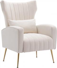 img 4 attached to Kmax Velvet Accent Chair Mid-Century Arm Chair с золотыми ножками Wingback Chair с подушкой для спальни, гостиной, туалетного столика, кремовый