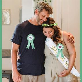 img 2 attached to 🤰 4-Piece Set: Mom to Be Sash with Parents to Be Badges, Leaf Style Sage Green Flowers Crown Headband, Gold Glitter Letters Sash for Baby Shower Maternity Gift