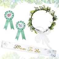 🤰 4-piece set: mom to be sash with parents to be badges, leaf style sage green flowers crown headband, gold glitter letters sash for baby shower maternity gift logo