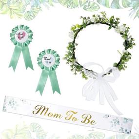 img 4 attached to 🤰 4-Piece Set: Mom to Be Sash with Parents to Be Badges, Leaf Style Sage Green Flowers Crown Headband, Gold Glitter Letters Sash for Baby Shower Maternity Gift