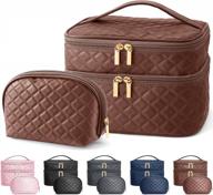 👜 roomy double layer leather makeup bags for women - 2 pcs cosmetic travel bag set, portable makeup pouch with zipper - ideal gifts (brown) - maange logo