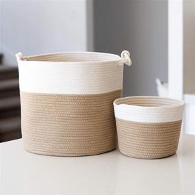 img 3 attached to Large White Cotton Rope Basket (16"X15") - 2Pc Set 100% Natural Cotton Laundry Storage, Woven Blanket Living Room Toy Pillow Round Basket