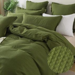 img 4 attached to Waffle Weave Reversible Dark Green Cotton Duvet Cover Set - Queen Size With Sage Green Texture For Boho, Farmhouse Bedding - Soft And Breathable For All Seasons