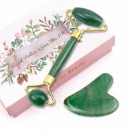 poleview jade roller &amp; gua sha set, 100% натуральный ролик для лица и массаж тела инструменты для ухода за кожей для красоты, увеличения кровообращения, лимфодренажа и уменьшения морщин и отечности - темно-зеленый логотип