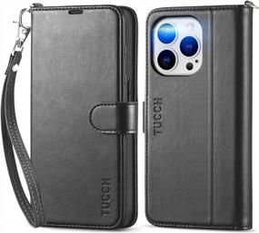 img 4 attached to TUCCH Case Wallet For IPhone 14 Pro 6.1", [Wrist Strap] RFID Blocking 4 Card Slot Stand [Shockproof TPU Shell], PU Leather Magnetic Flip Cover Compatible With IPhone 14 Pro 2022, Black With Wristlet