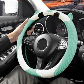 img 3 attached to 🦉 Mobidea Cute Owl Anime Steering Wheel Cover for Women/Girls - Fuzzy Car Steering Wheel Cover, Universal Fit 14-15 Inch, Green