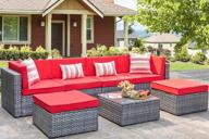 7 piece outdoor patio conversation set: pe wicker rattan sectional sofa, washable cushions, glass coffee table & ottoman - silver gray/red logo