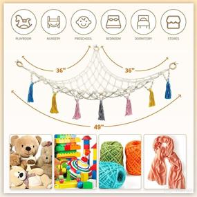 img 1 attached to 🧸 Boho Toy Storage Hammock with LED Lights and Colorful Tassels – Hanging Organizer for Kids' Toys