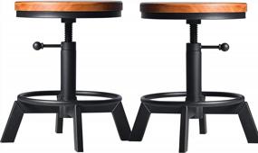 img 4 attached to Набор из 2 промышленных барных стульев, короткий стул, поворотный, деревянное сиденье, кухонный остров, стулья, стойка, регулируемая по высоте, 15,2-21 дюймов