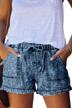 women's mid waist denim shorts with drawstring pockets and frayed hem for summer casual wear logo
