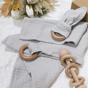 img 1 attached to 🎁 Double Gauze Baby Lovey Set: Wood Rattle, Teether Ring, 3 Pack Montessori Gift in Gray - 100% Cotton, Perfect Baby Shower & Gender Neutral Gift