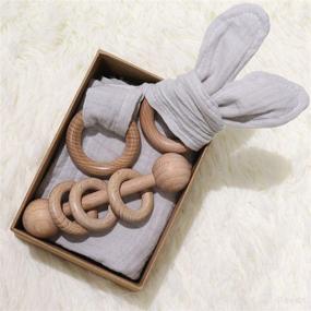 img 4 attached to 🎁 Double Gauze Baby Lovey Set: Wood Rattle, Teether Ring, 3 Pack Montessori Gift in Gray - 100% Cotton, Perfect Baby Shower & Gender Neutral Gift