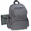 gray diaper bag backpack with large changing pad, stroller straps and insulated bottle pockets logo