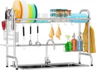 gslife over sink dish rack, stainless steel kitchen above sink drying rack with utensils holder, cutting board holder, over sink shelf silver logo