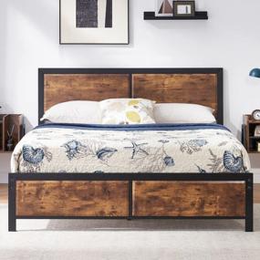 img 2 attached to VECELO Rustic Vintage Queen Platform Bed Frame With Strong Metal Slats Support And Wood Headboard - No Box Spring Needed!