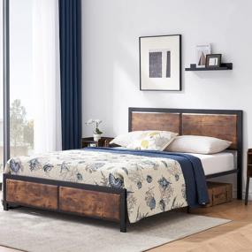 img 4 attached to VECELO Rustic Vintage Queen Platform Bed Frame With Strong Metal Slats Support And Wood Headboard - No Box Spring Needed!