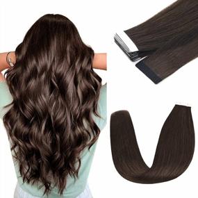 img 4 attached to Vlasy Tape-In Hair Extensions - Chocolate Brown, 12 Inch, 20Pcs - Real Human Hair