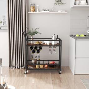 img 2 attached to Industrial Style Furmax Bar Cart With Wine Rack, Glass Holder, And 2 Wood Shelves On Wheels - Perfect For Home Parties, Living Room, And Kitchen Décor (Black)