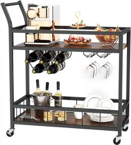 img 4 attached to Industrial Style Furmax Bar Cart With Wine Rack, Glass Holder, And 2 Wood Shelves On Wheels - Perfect For Home Parties, Living Room, And Kitchen Décor (Black)