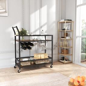 img 3 attached to Industrial Style Furmax Bar Cart With Wine Rack, Glass Holder, And 2 Wood Shelves On Wheels - Perfect For Home Parties, Living Room, And Kitchen Décor (Black)