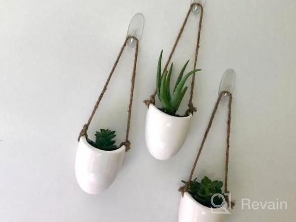 img 1 attached to Modern And Chic: Set Of 3 Ceramic White Hanging Planters With Jute Rope For Indoor Succulent Plants review by Melissa Tucker