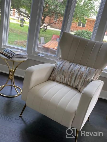 img 1 attached to Kmax Velvet Accent Chair Mid-Century Arm Chair With Gold Legs Wingback Chair With Pillow For Bedroom Living Room Vanity Reading, Cream review by Nestor Orbita