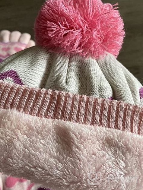 img 1 attached to Winter Warm Knit Pompom Beanie Hat Caps Scarf Touchscreen Gloves Set for Kids Babys Girls: Neck Warmer with Thick Fleece Lined review by Cameron Head